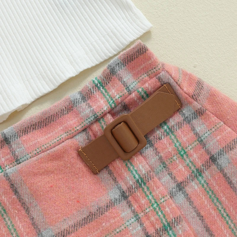 Girl's Ruffled Top, Plaid Skirt & Plaid Hat Sets