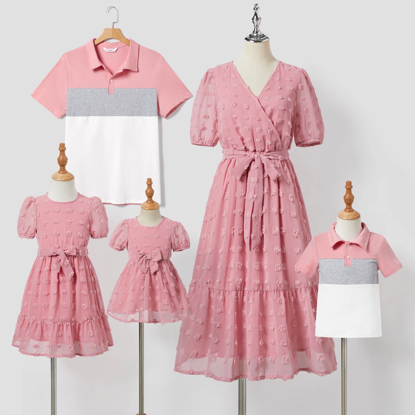 Family Matching! Color Block Shirt & Pink Swiss Dot Wrap Front Ruffled Hem Belted Dresses