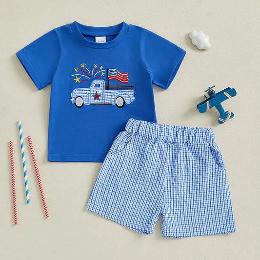 Boy's 2-Piece Embroidered 4th of July T-Shirts & Plaid Shorts Sets