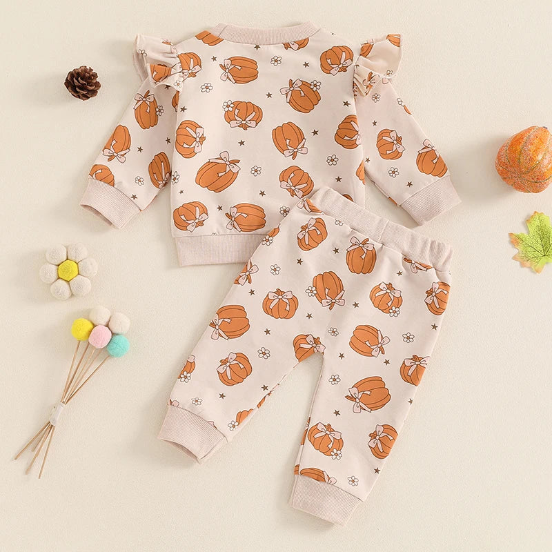 Girl's Ruffled Halloween Pumpkin Sweatshirt & Sweatpants Sets