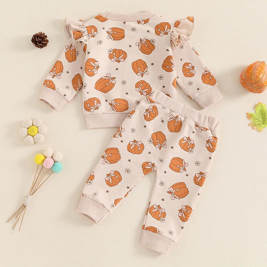 Girl's Ruffled Halloween Pumpkin Sweatshirt & Sweatpants Sets
