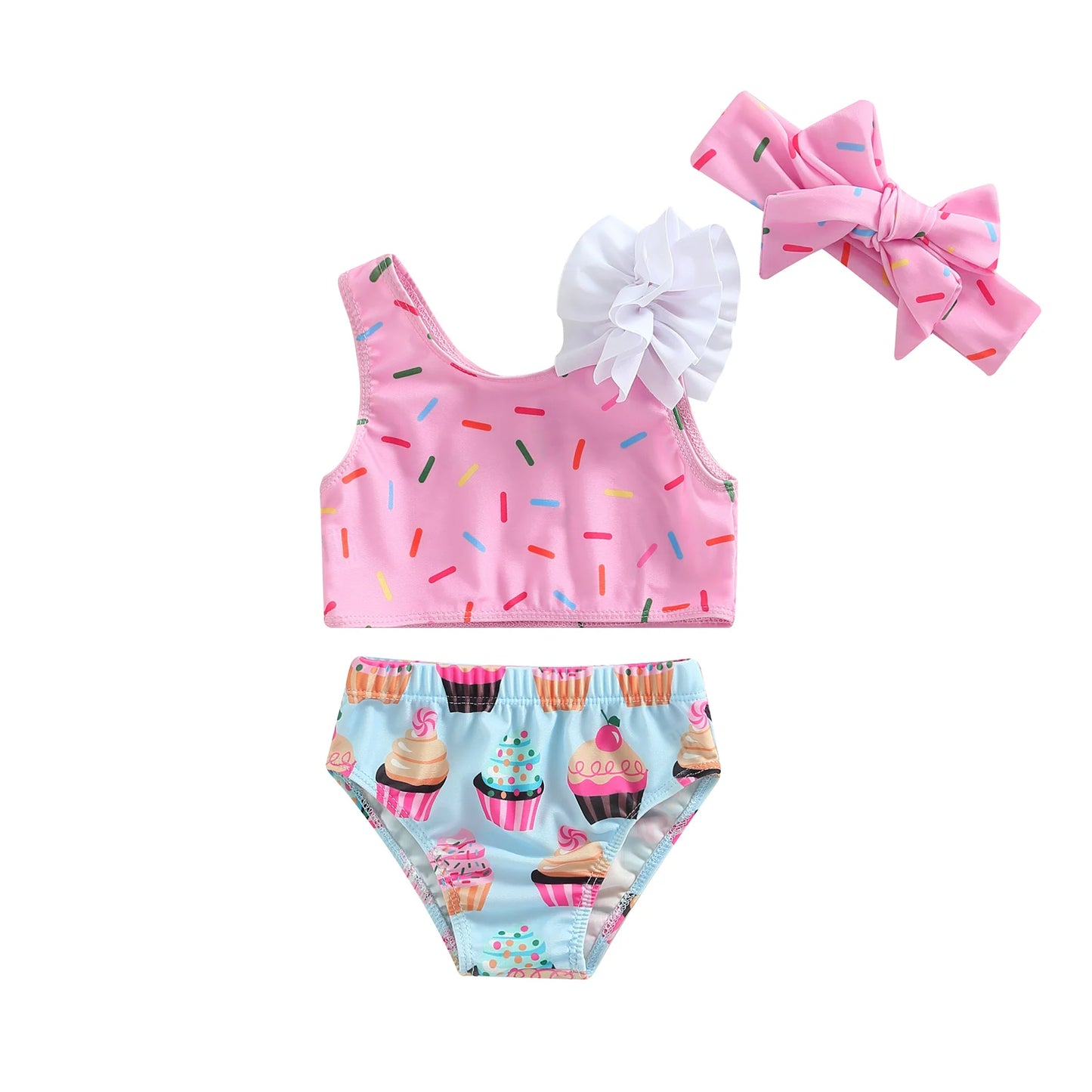 Girl's 3-Piece Dot & Cup Cake Bikinis & Bow Headband Swimsuit Sets
