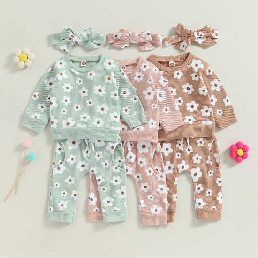 Girl’s 2-Piece Flower Sweatshirt, Pants& Bow Headband Sets