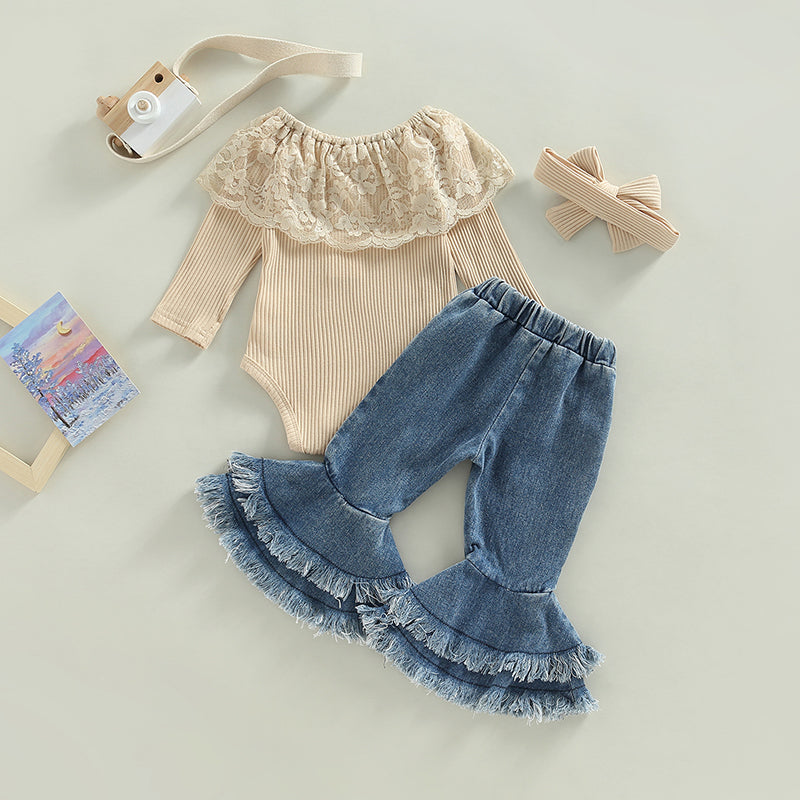 Girl's Ruffled Top, Denim Bell-Bottoms & Bow Headband Sets