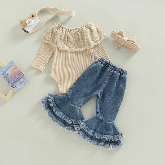 Girl's Ruffled Top, Denim Bell-Bottoms & Bow Headband Sets