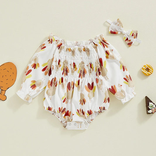 Thanksgiving ! Girl's Turkey Romper & Bow Headband Sets