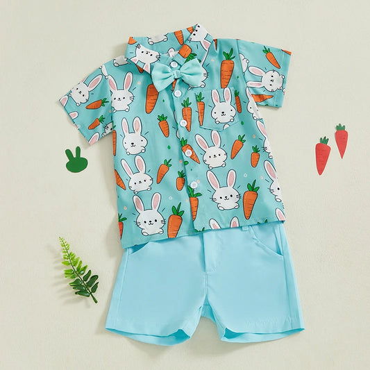 Boy's Easter Rabbit Carrot Button-up Shirts Shorts Set