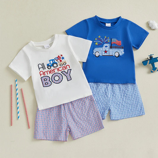Boy's 2-Piece Embroidered 4th of July T-Shirts & Plaid Shorts Sets