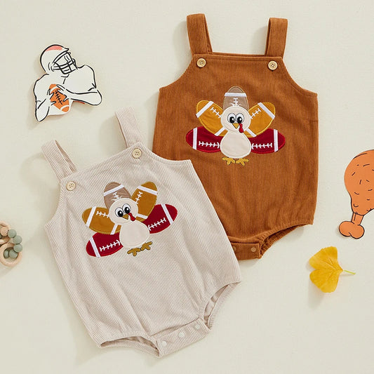 Thanksgiving ! Boy's & Girl's Embroidered Football & Turkeys Bib Overall Onesies