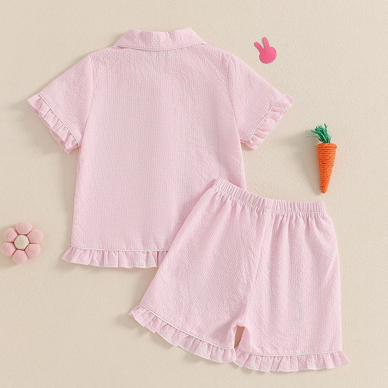 Girl's 2-Piece Plaid Embroidered Easter Bunny & Carrots Ruffled Pajamas