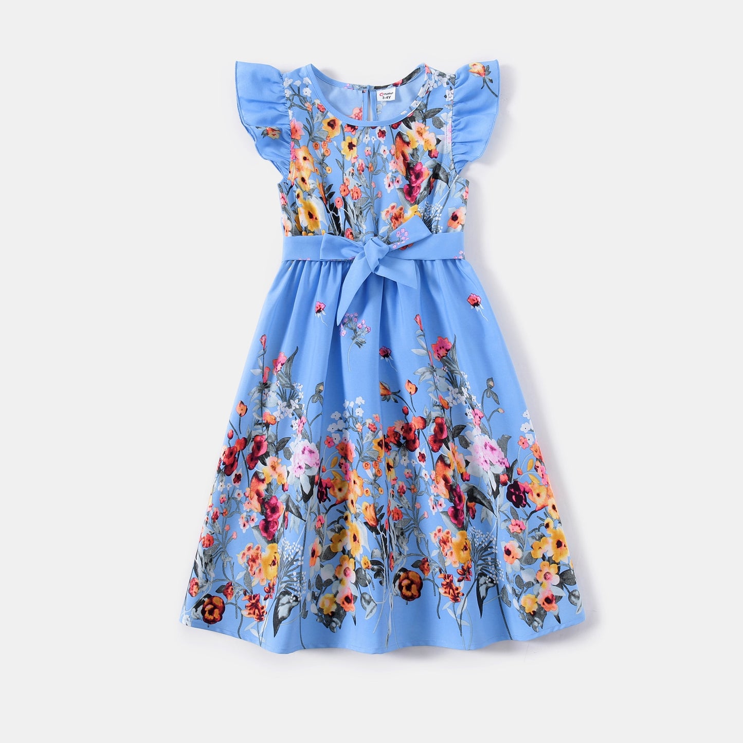 Family Matching! Blue or Yellow Floral Ruffle-Sleeve Midi Dresses & Striped T-shirts