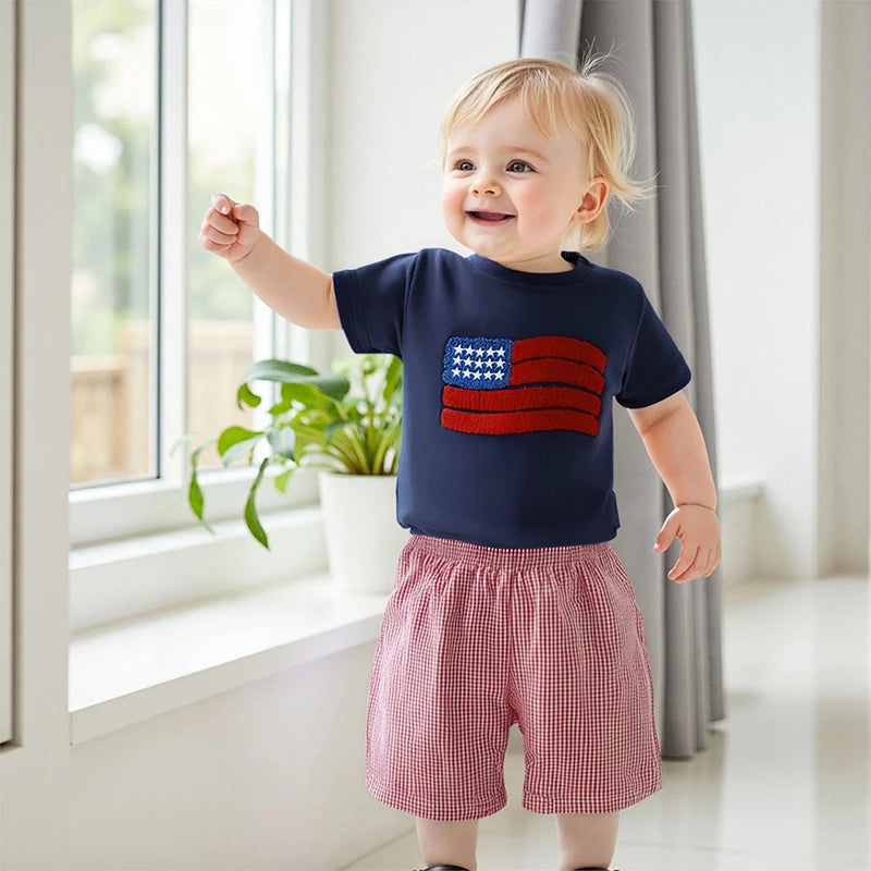 Boy's 2-Piece 4th of July Embroidered Flag T-Shirts & Plaid Shorts Sets