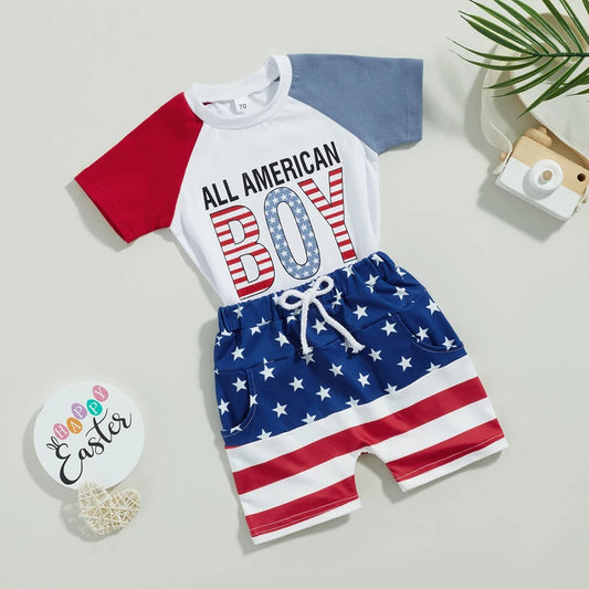 Boy's 2-Piece Independence Day "All American Boy" T-shirt with Stars & Stripes Shorts Sets