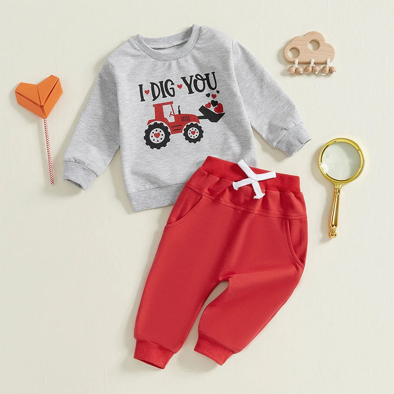 Boy's 2-Piece "I Dig You" Valentine's Excavator Top & Pants Sets