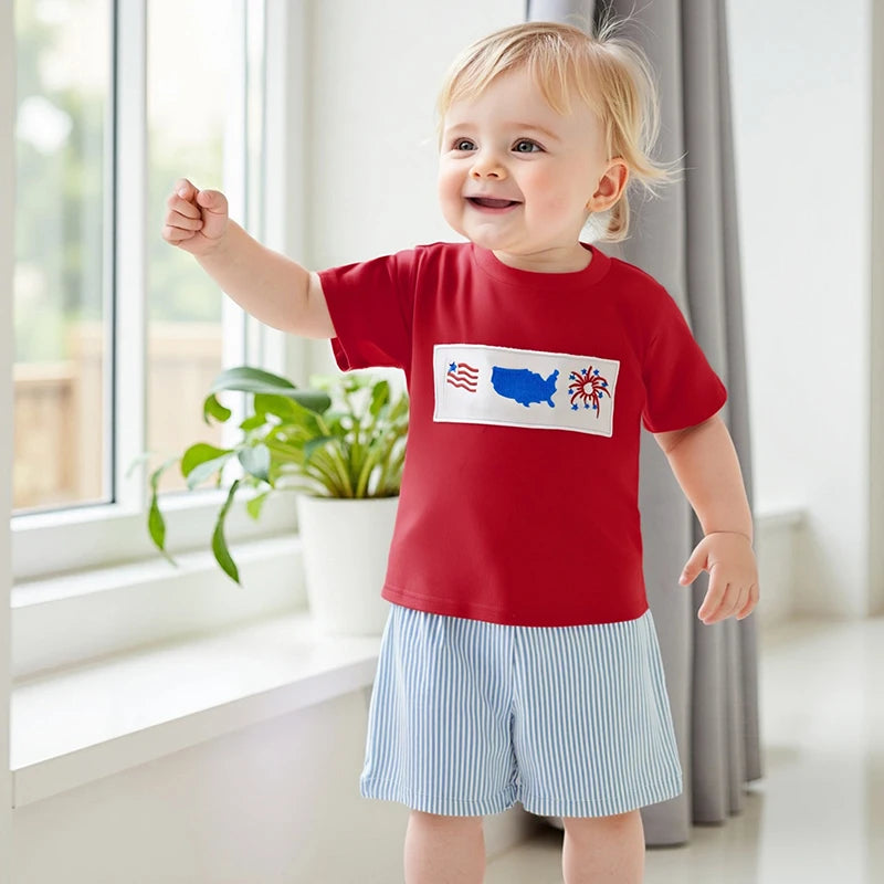Boy's 2-Piece Embroidered 4th of July T-Shirts & Striped Shorts Sets