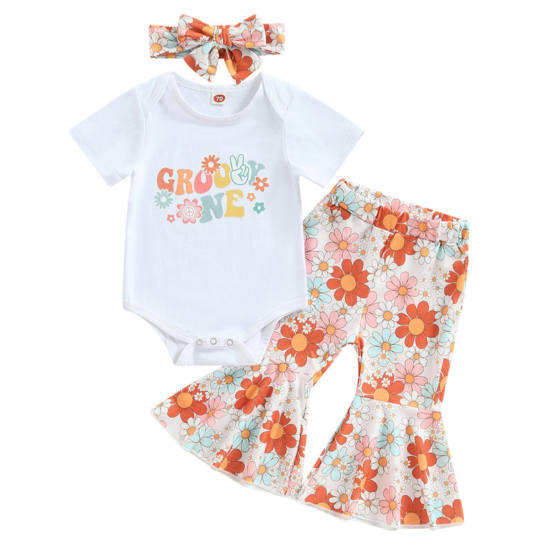 Girl's Floral "Groovie One" Onesie, Flared Pants & Bow Headband Sets