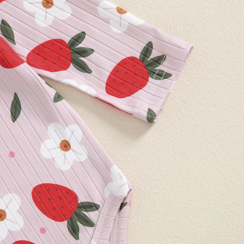 Girl's Floral & Strawberry Print Ruffled Onesie & Bib Overall Dress Sets