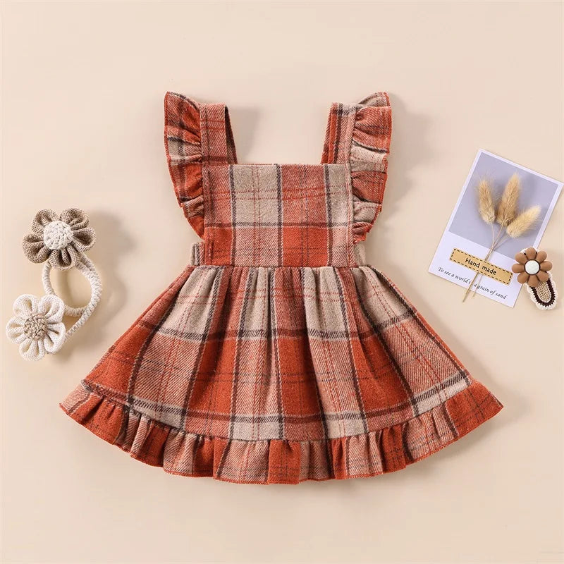 Girl's Plaid Ruffled Bib Overall Dresses