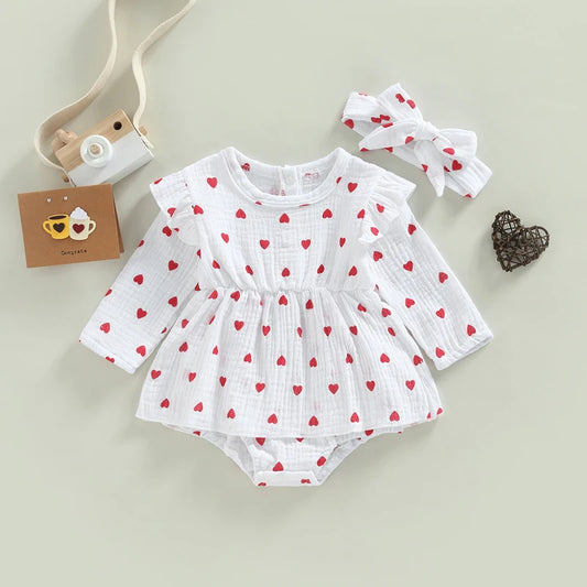Girl's Heart Romper Dresses & Headband Sets