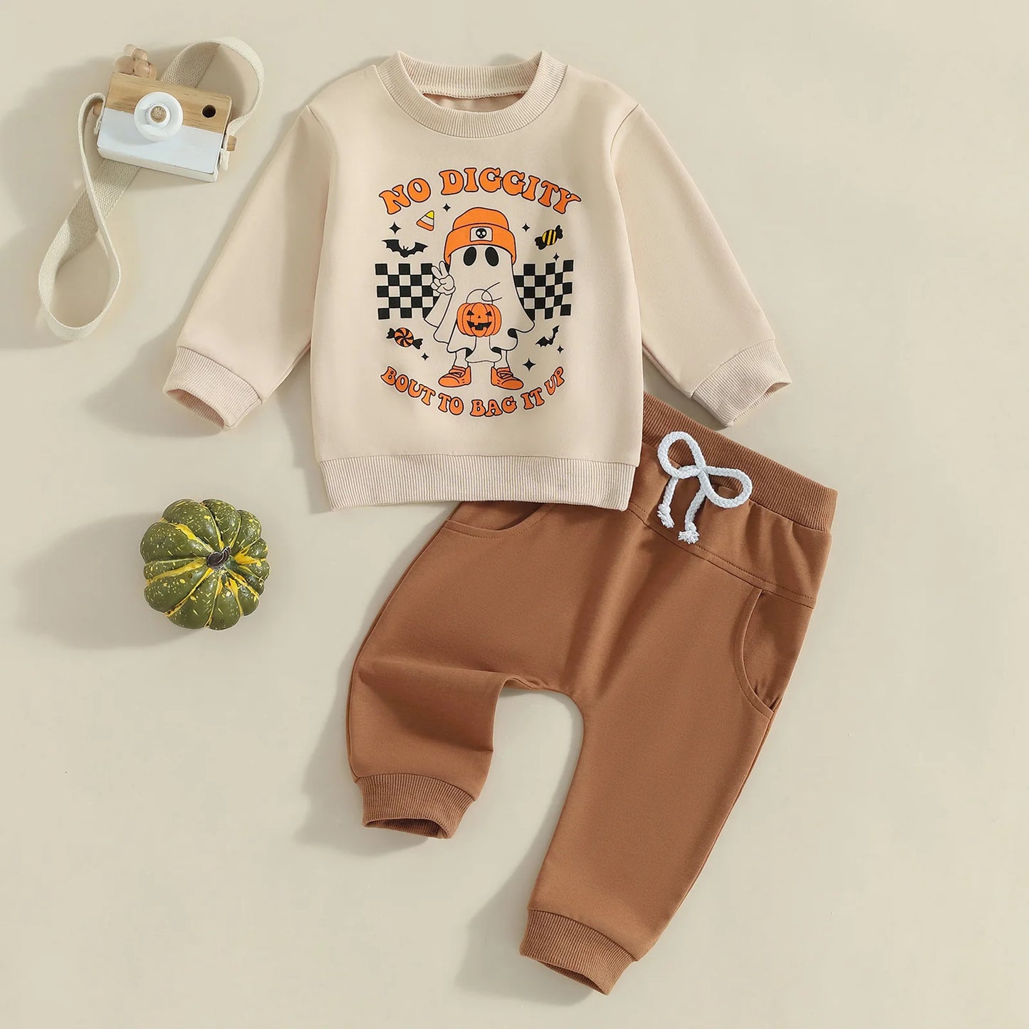Girl's & Boy's 2-Piece Halloween Ghost Embroidered "No Diggity" Sweatshirt & Sweatpants Sets