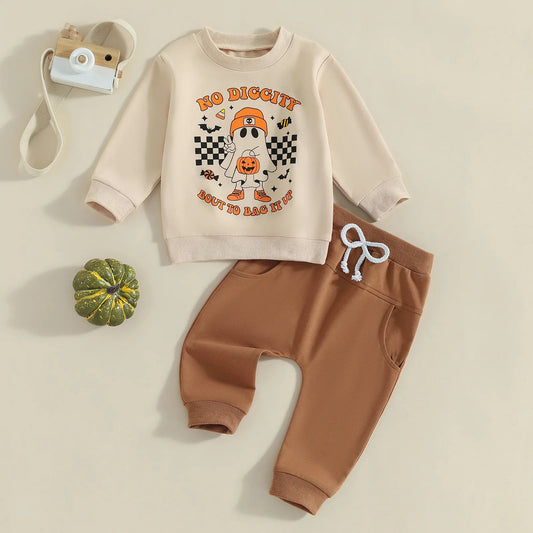 Girl's & Boy's 2-Piece Halloween Ghost Embroidered "No Diggity" Sweatshirt & Sweatpants Sets