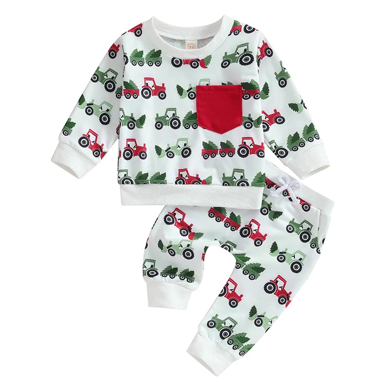 Boy's 2-Piece Christmas Tractor & Christmas Trees Sweatshirt & Pants Sets
