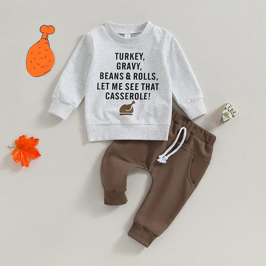Boy's & Girl's 2-Piece Thanksgiving "Turkey, Gravy, Beans & Rolls, Let Me See That Casserole" Sweatshirts & Sweatpants Sets