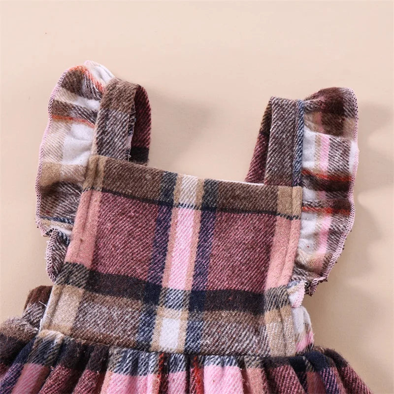 Girl's Plaid Ruffled Bib Overall Dresses