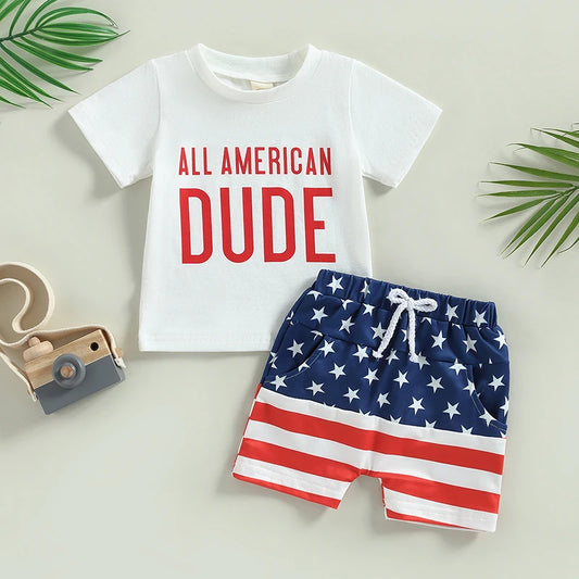 Boy's 2-Piece "All American Dude" 4th of July T-Shirts & Flag Shorts Sets