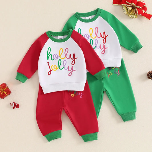 Boy's & Girl's 2-Piece Christmas "Holly Jolly" Sweatshirt & Pants Sets