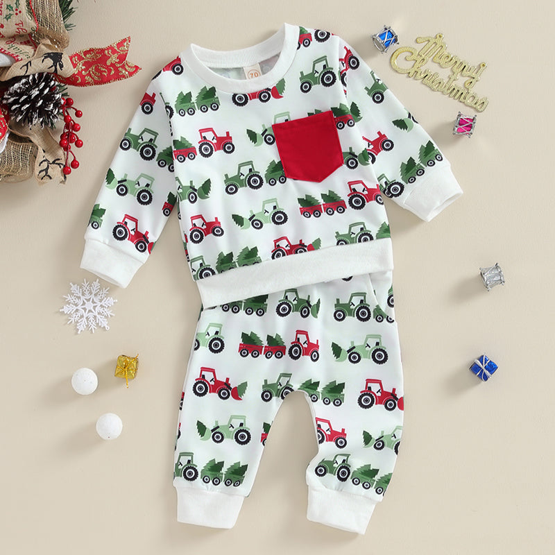 Boy's 2-Piece Christmas Tractor & Christmas Trees Sweatshirt & Pants Sets