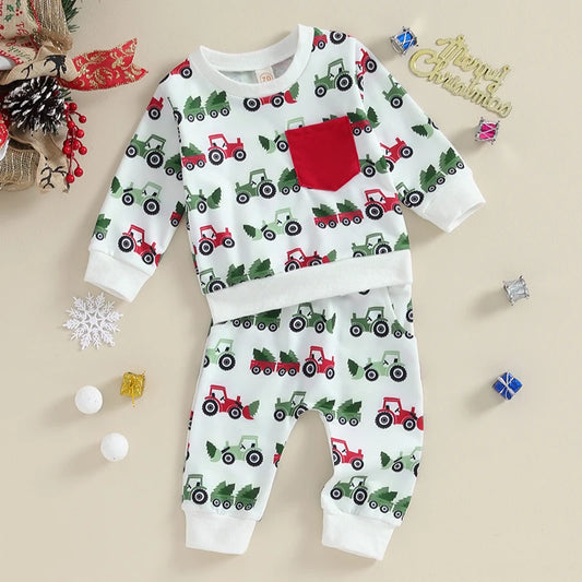 Boy's 2-Piece Christmas Tractor & Christmas Trees Sweatshirt & Pants Sets