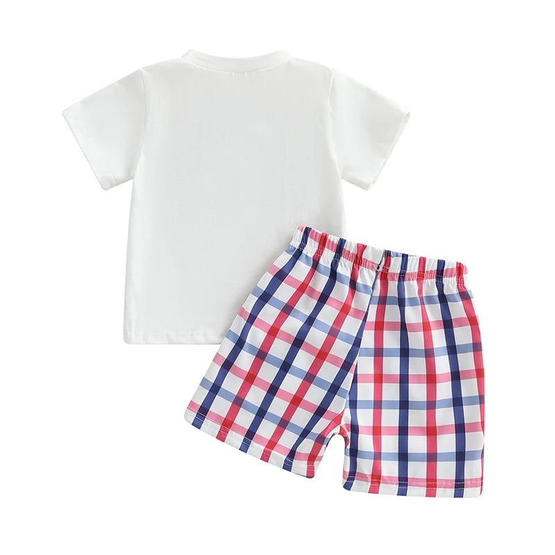 Boy's 2-Piece Embroidered 4th of July T-Shirts & Plaid Shorts Sets