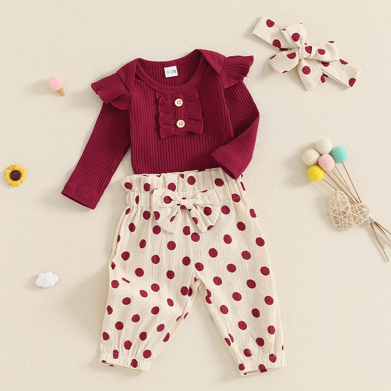 Girl's Onesie, Polka Dot Pants & Bow Headband Sets