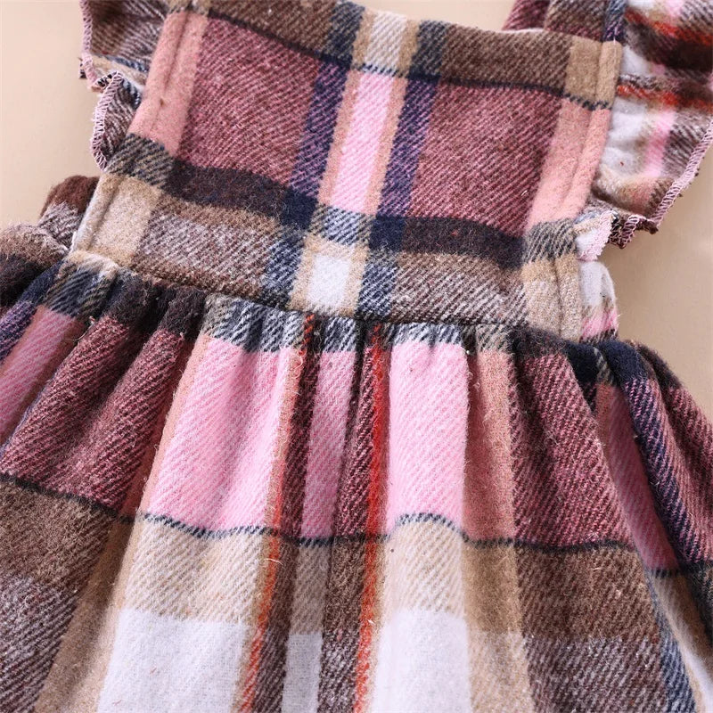 Girl's Plaid Ruffled Bib Overall Dresses