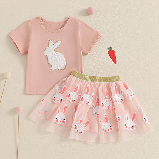 Girl's 2-Piece Easter & Bunny Embroidered T-shirts & Mesh Skirt Sets