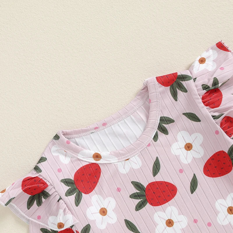 Girl's Floral & Strawberry Print Ruffled Onesie & Bib Overall Dress Sets