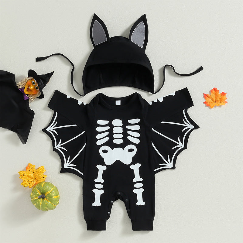 Halloween Costumes! 2-Piece Boy's & Girl's Skeleton Bat Jumpsuit & Hat Set