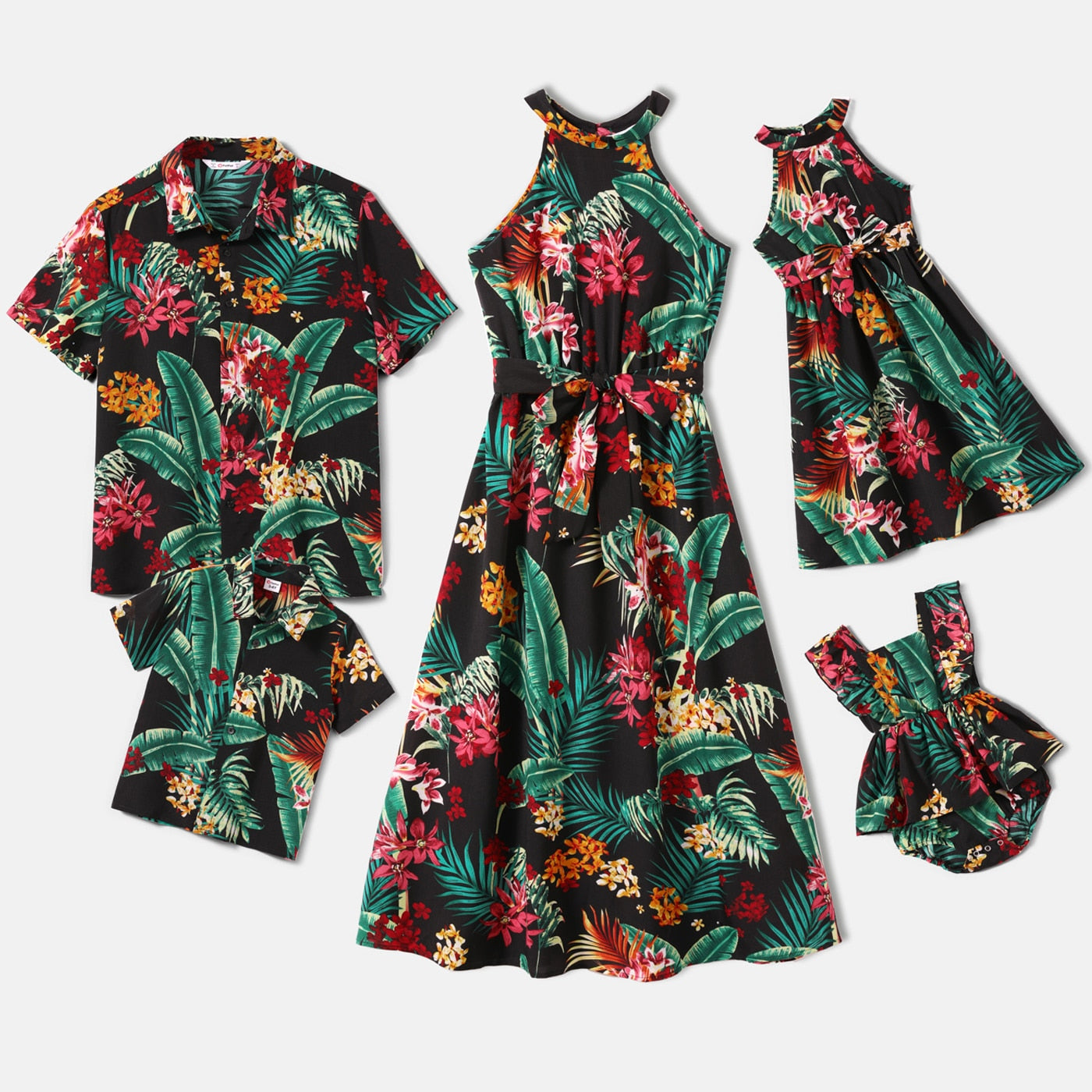 Family Matching! Tropical Halter Neck Dresses, Rompers & Button-Up Shirts