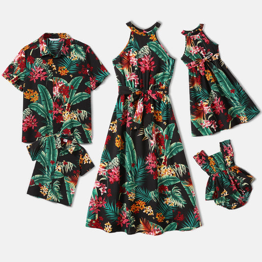 Family Matching! Tropical Halter Neck Dresses, Rompers & Button-Up Shirts