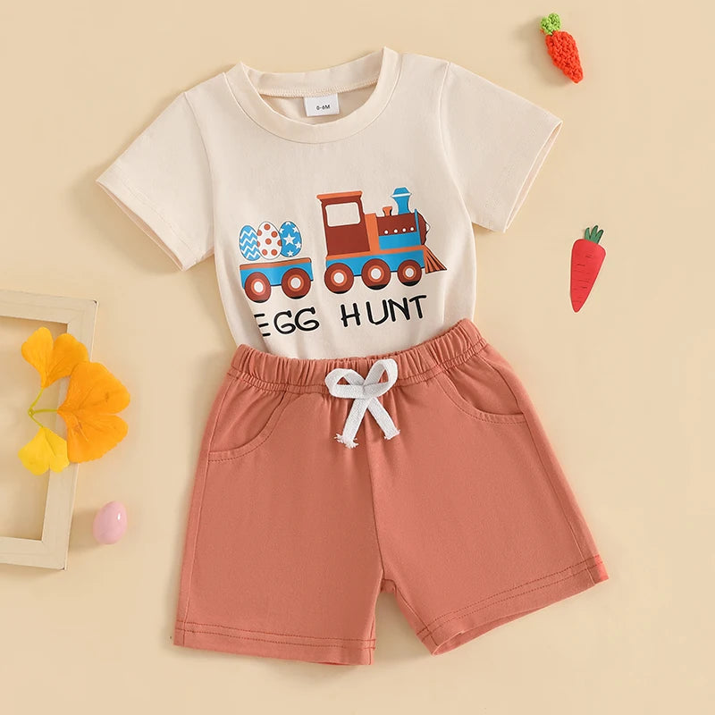 Boy's Easter Eggs/Bunny/Carrot/Tractor T-Shirt & Shorts Sets