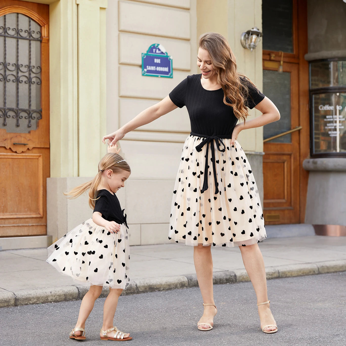 Mommy & Me! Matching Black Top Spliced Heart Mesh Dresses