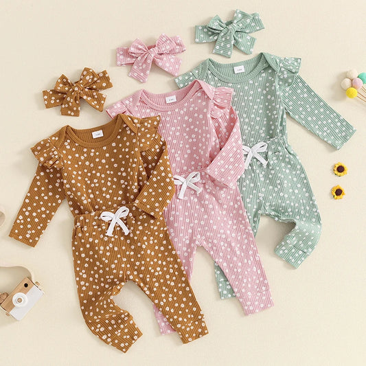 Girl's Floral Onesie, Pants & Bow Headband Sets
