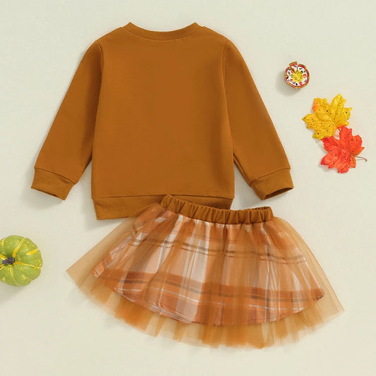 Girl's 2-Piece Embroidered "Little Turkey" Thanksgiving Sweatshirt & Plaid Tulle Skirt Sets