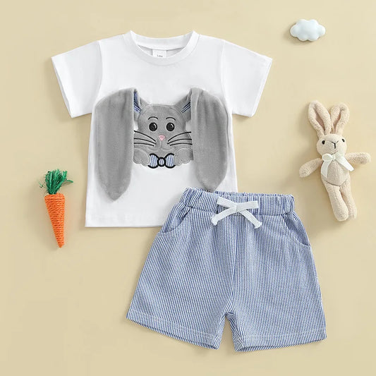 Boy's 2-Piece Embroidered Easter Bunny Ears T-shirt & Striped Shorts Sets