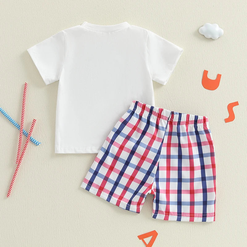 Boy's 2-Piece Embroidered 4th of July T-Shirts & Plaid Shorts Sets
