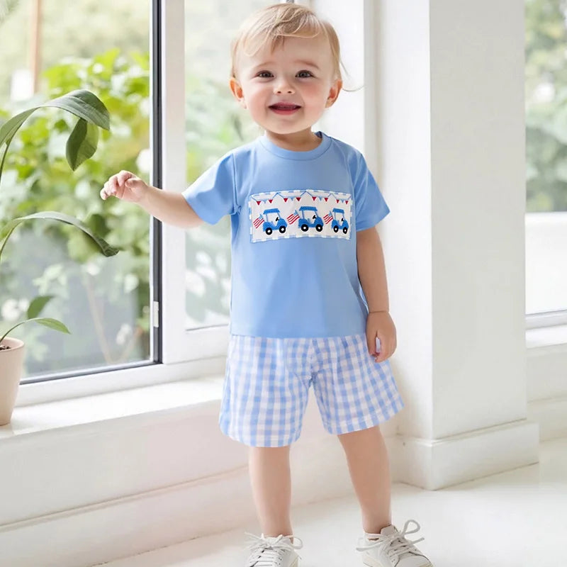 Boy's 2-Piece Embroidered Golf Cart 4th of July T-Shirts & Plaid Shorts Sets