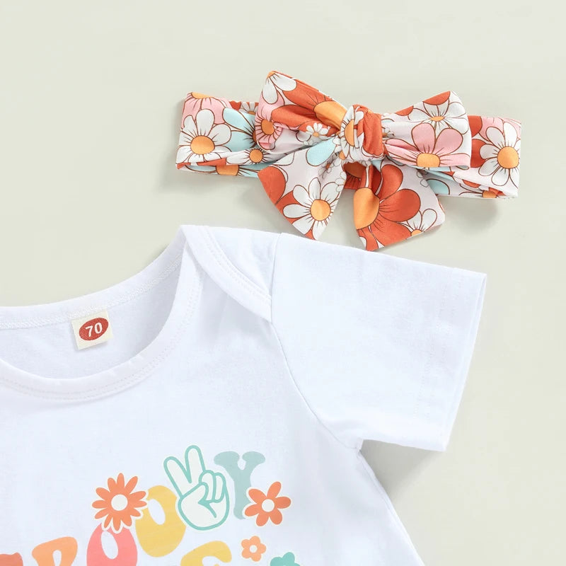 Girl's Floral "Groovie One" Onesie, Flared Pants & Bow Headband Sets