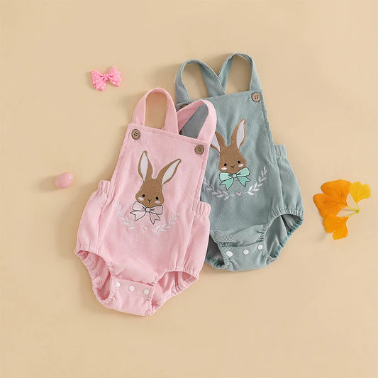 Girl's & Boy's Embroidered Sleeveless Easter Bunny Overall Rompers