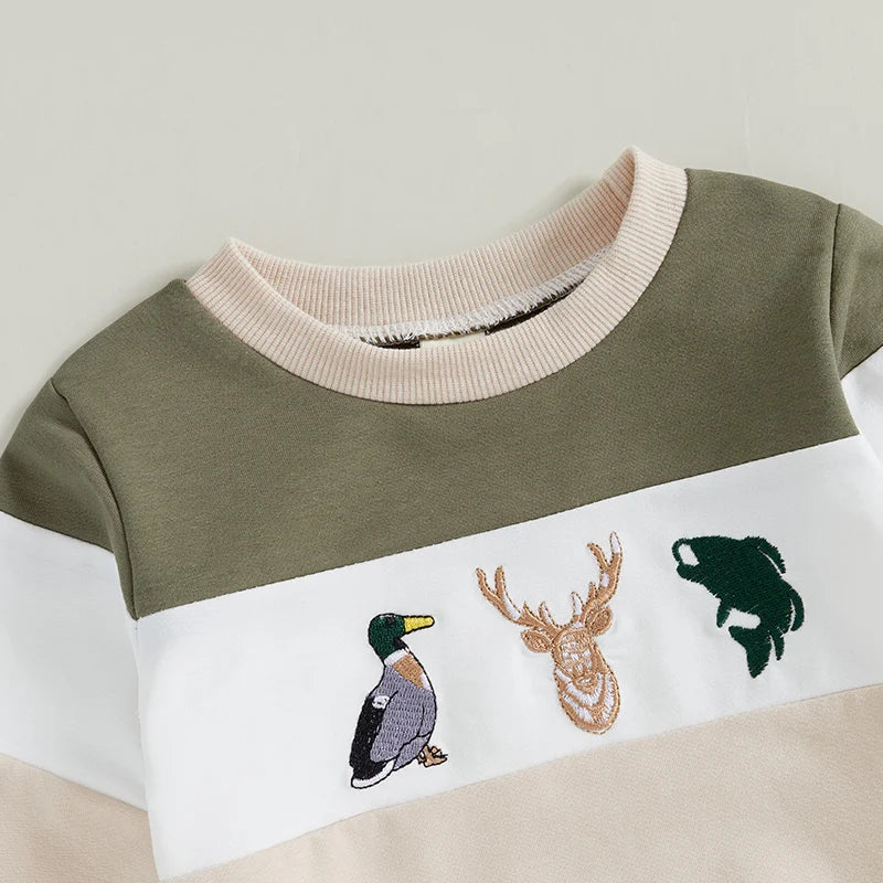 Boy's 2-Piece Embroidered Deer & Duck Hunting & Fishing Sweatshirt & Pants Sets